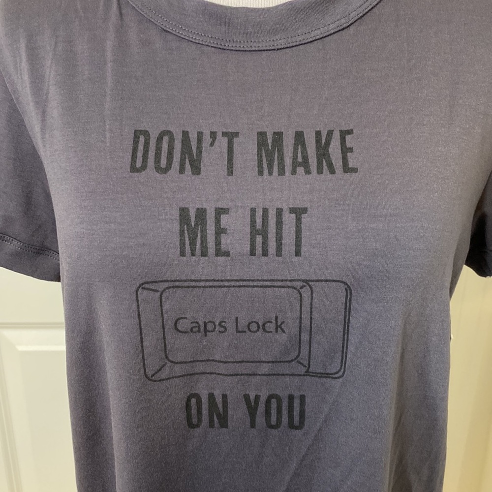 NWT LuLaRoe Liv Tee Medium 10-12 Gray Caps Lock Computer Funny Graphic Shirt
